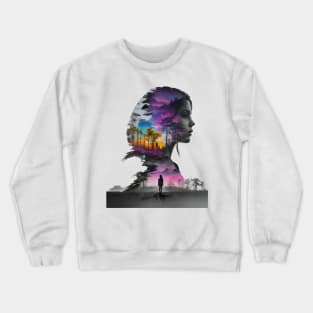 Ethereal Woman Silhouette Blending With Surreal Sunset Landscape in Monochrome Shades Crewneck Sweatshirt